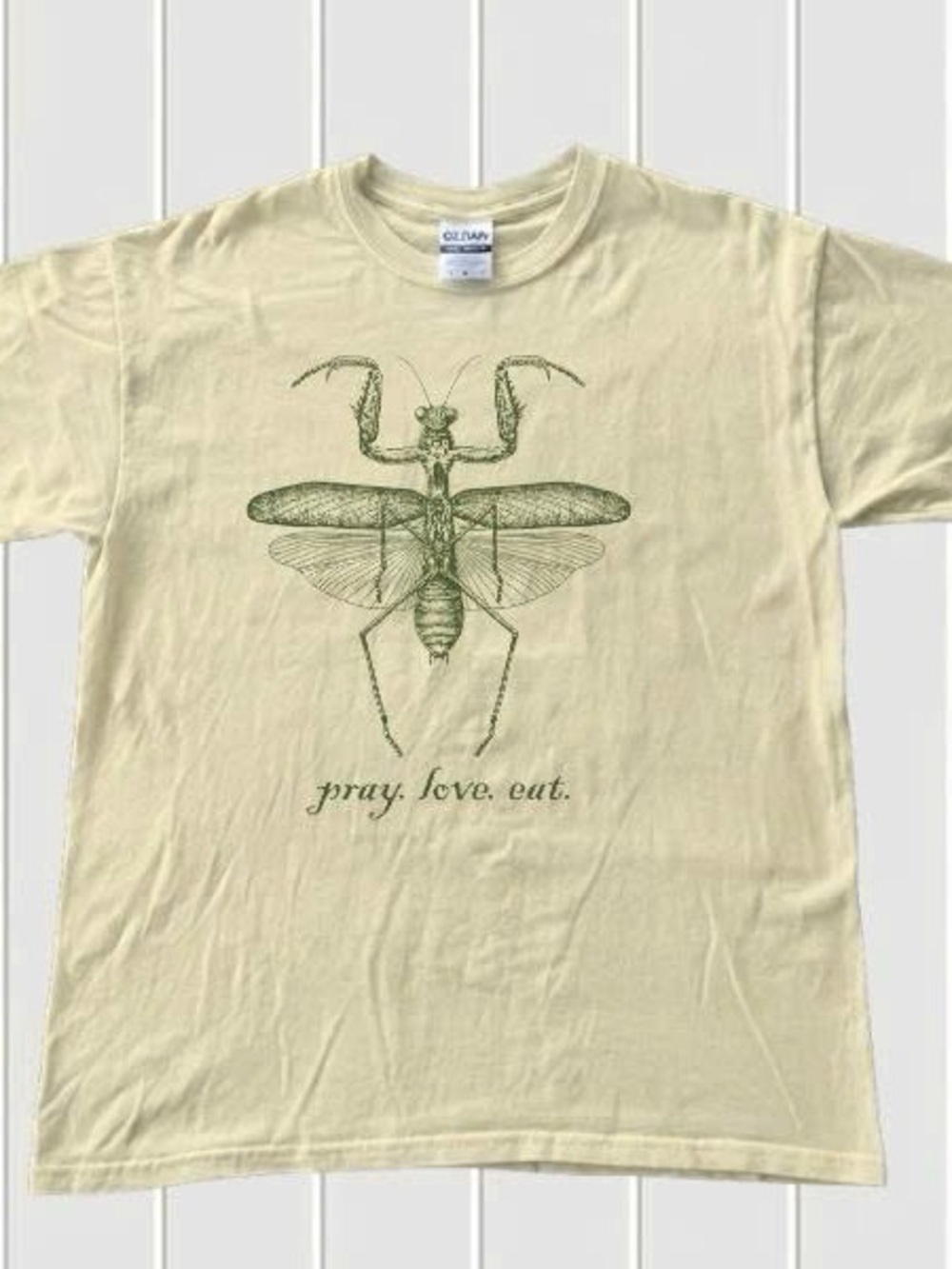 Gildan Bugs insects Cream Tee with Green Praying Mantis Illustration